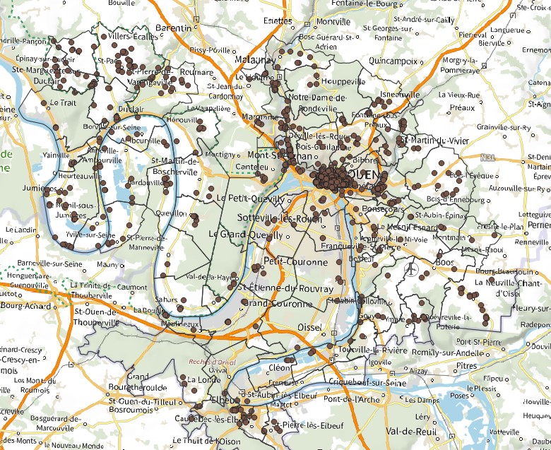 Représentation cartographique des bâtiments en pans de bois sur la Métropole Rouen Normandie